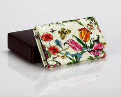 #505 Floral White, Leather Key Pouch With Snap And Zipper Compartment
