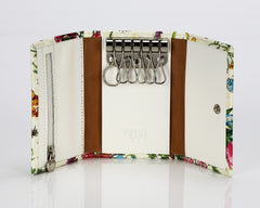 #505 Floral White, Leather Key Pouch With Snap And Zipper Compartment