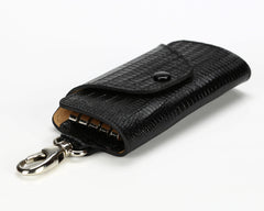 #514 Crocodile Black, Leather Key Pouch With Snap And Clip